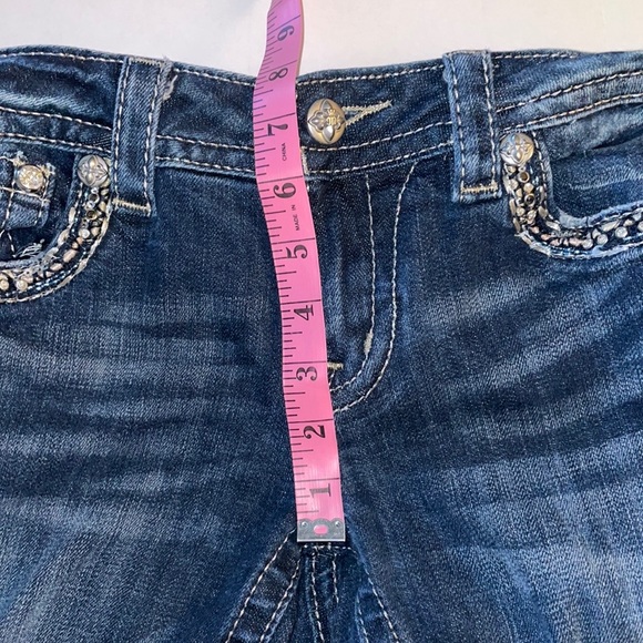 MISS ME 27 Signature Boot-cut distressed 5 Pocket Jeans Low Rise Factory Fading - Picture 7 of 16